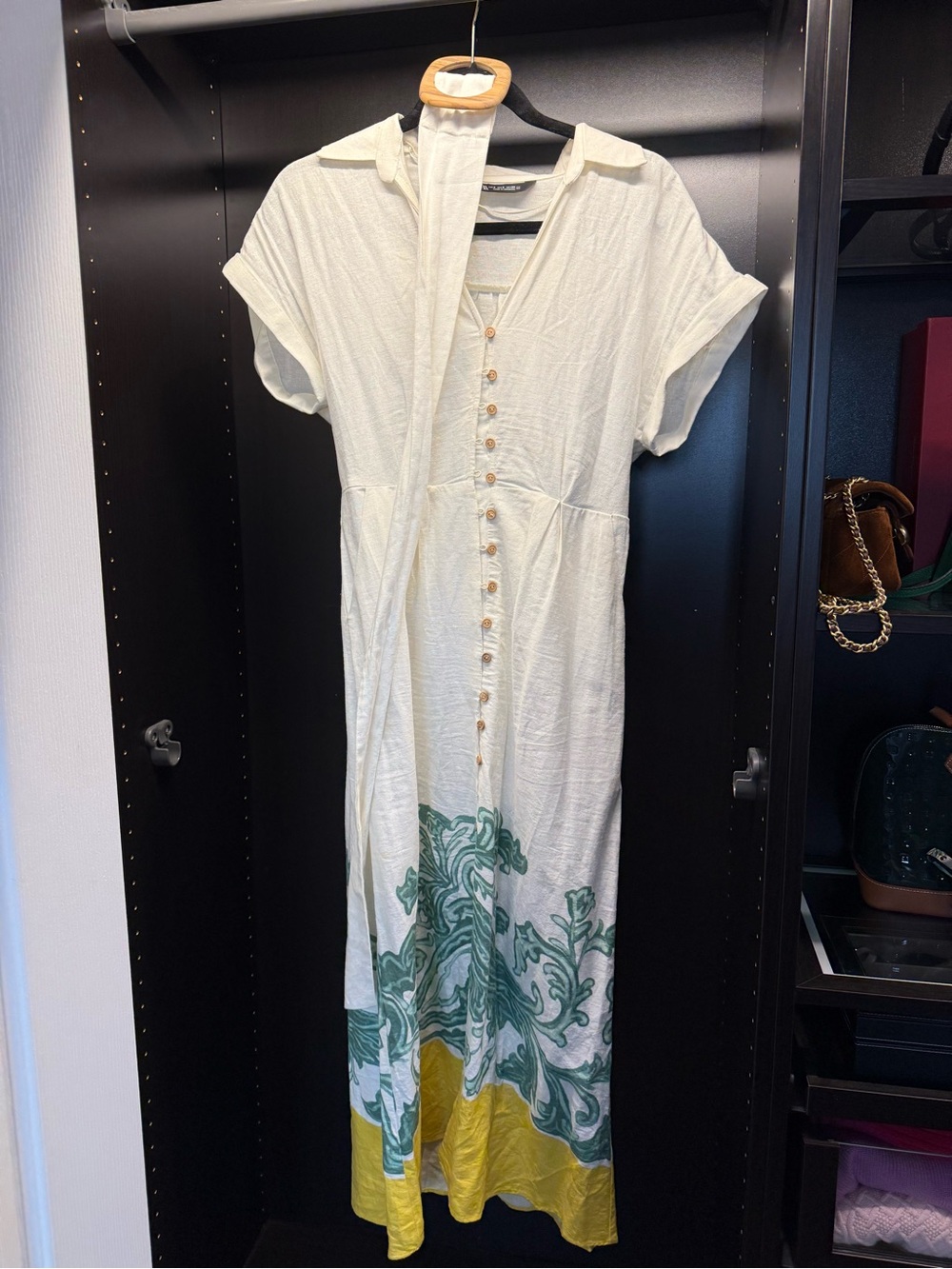 Zara White Maxi Dress with Green Scroll Print and Yellow Hem